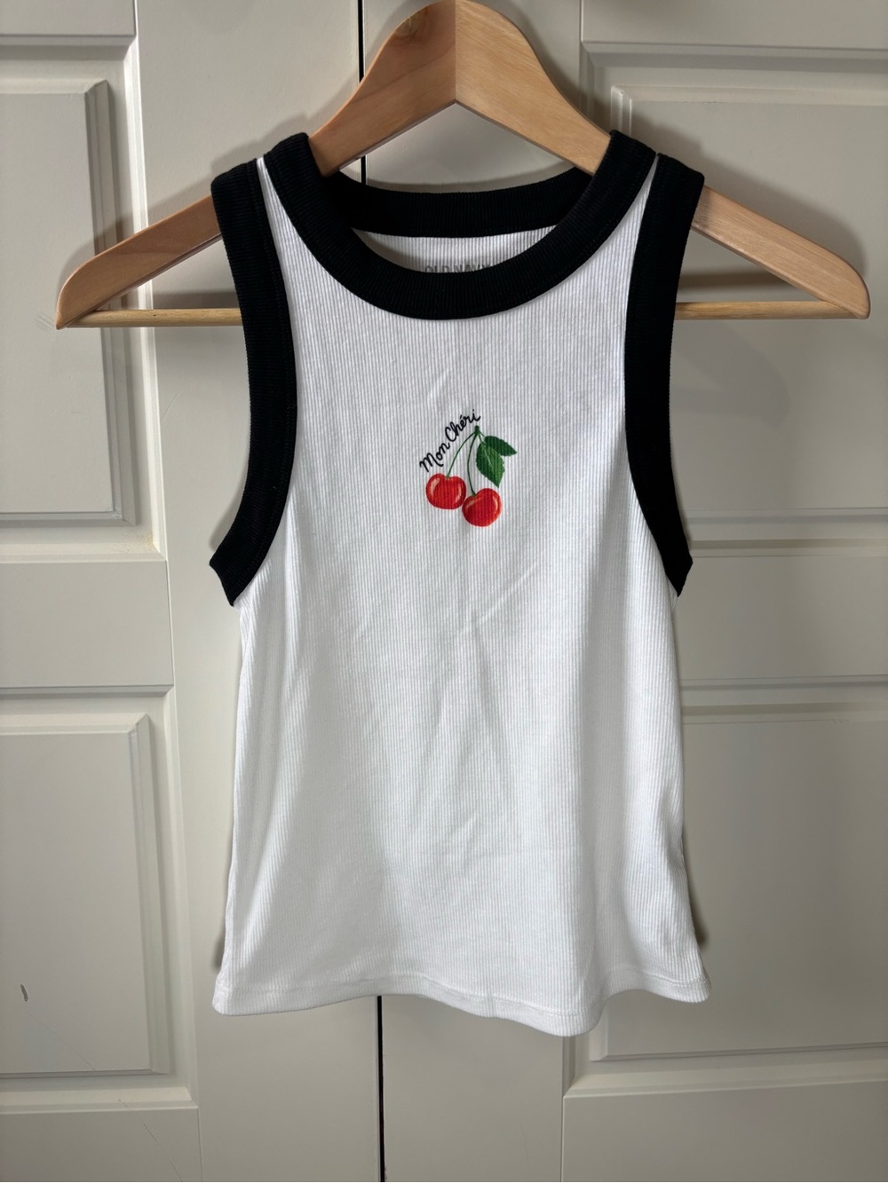 Old Navy White Tank with Black Trim and Cherry Graphic